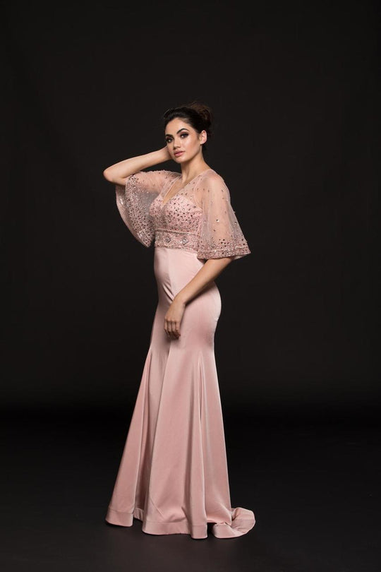 Glow by Colors - G799 Embellished V-neck Trumpet Dress In Pink