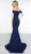 Glow by Colors - G805 Off-Shoulder Trumpet Dress With Train And Slit In Blue