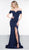 Glow by Colors - G805 Off-Shoulder Trumpet Dress With Train And Slit In Blue