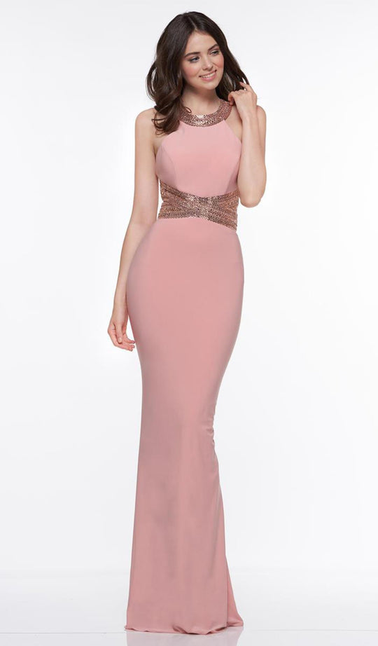 Glow by Colors - G806 Embellished Halter Matte Jersey Trumpet Dress In Pink