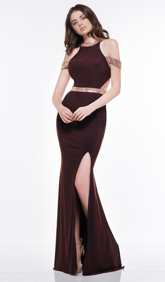 Glow by Colors - G808 Embellished Halter Matte Jersey Trumpet Dress In Brown