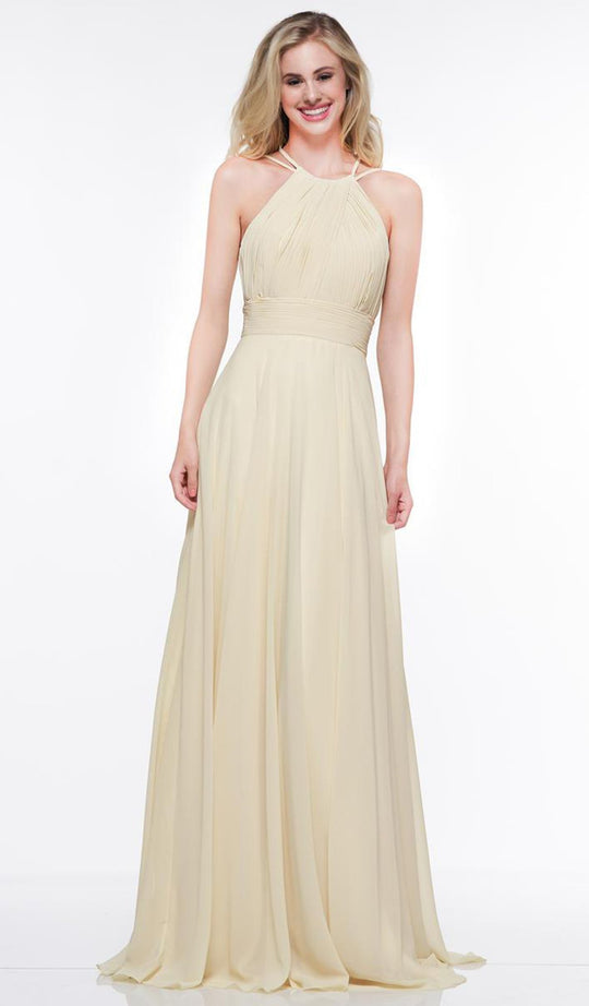 Glow by Colors - G817 Ruched Halter Chiffon A-Line Gown In Yellow