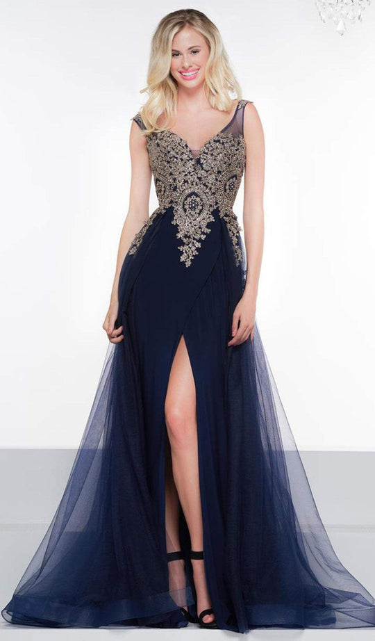 2019 Spring - Forest Metallic Appliques Gown with Slit In Blue