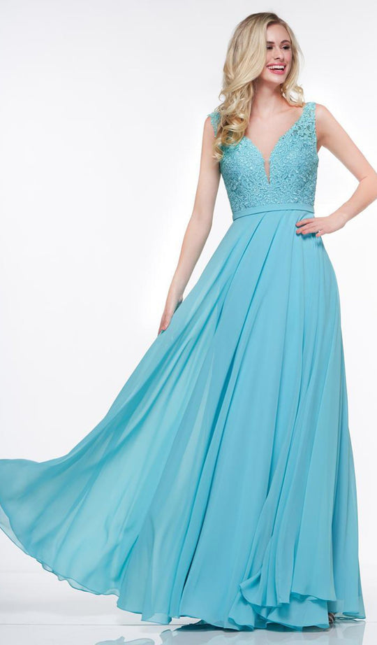 Glow by Colors - G820 Sleeveless Vneck Chiffon and Lace Appliqued Gown In Blue and Green