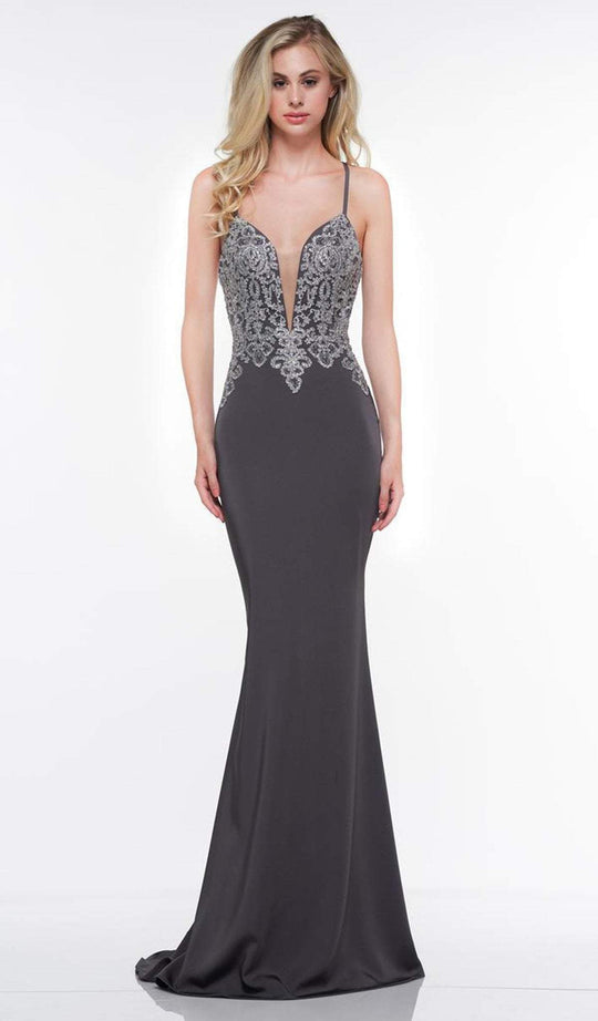 Glow by Colors - G823 Gold Lace Applique Sleeveless Faille Gown In Nude and Gray