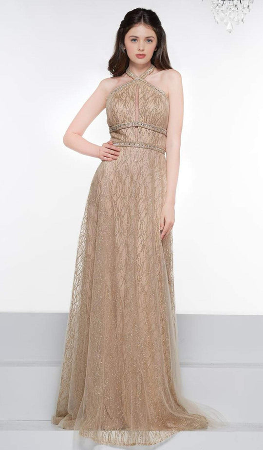Glow by Colors - G828 Beaded Halter A-Line Dress In Gold