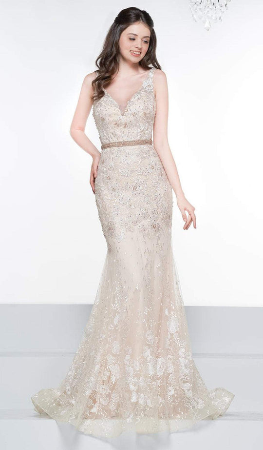 Glow by Colors - G832 Beaded Appliqued Plunging V-Neck Dress In Nude