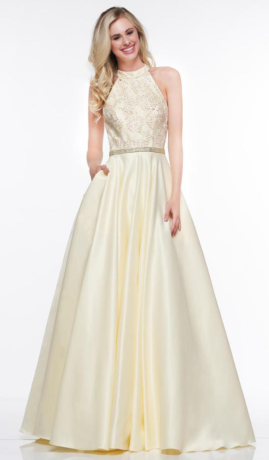 2019 Spring - Canary Beaded High Halter Ballgown In Yellow