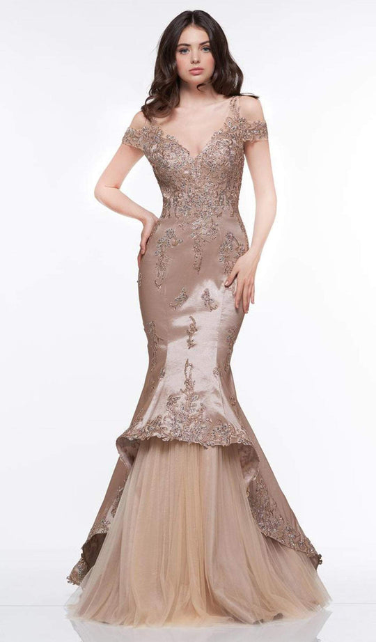 2019 Spring - Gold Bead Embellished V-Neck Trumpet Gown In Gold