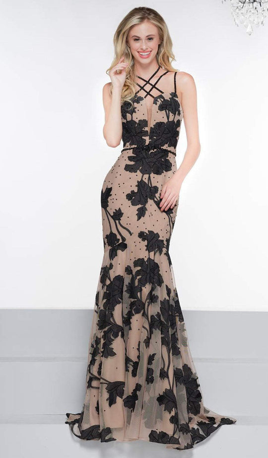 Glow by Colors - G839 Lace Applique Trumpet Dress With Train In Black and Neutral