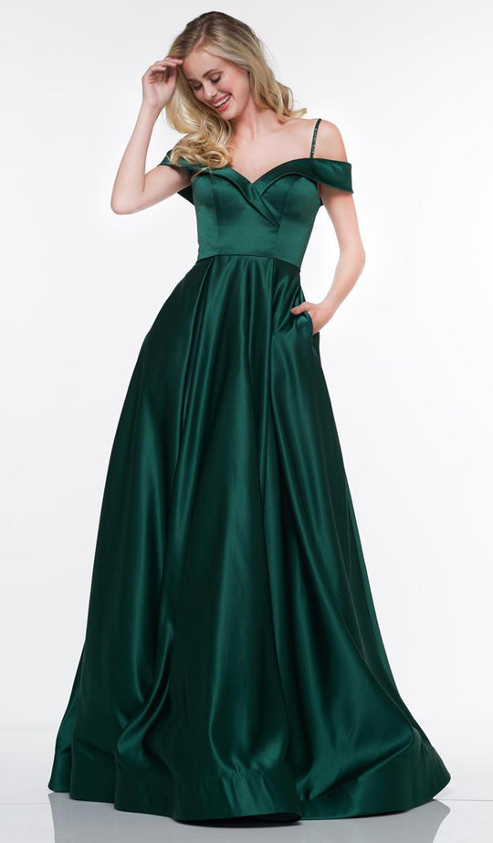 Glow by Colors - G841 Off Shoulder Satin A-Line Prom Gown In Green