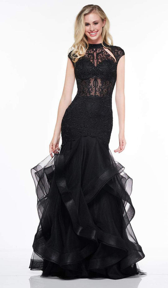 Glow by Colors - G842 High Neck Ruffled Trumpet Dress In Black