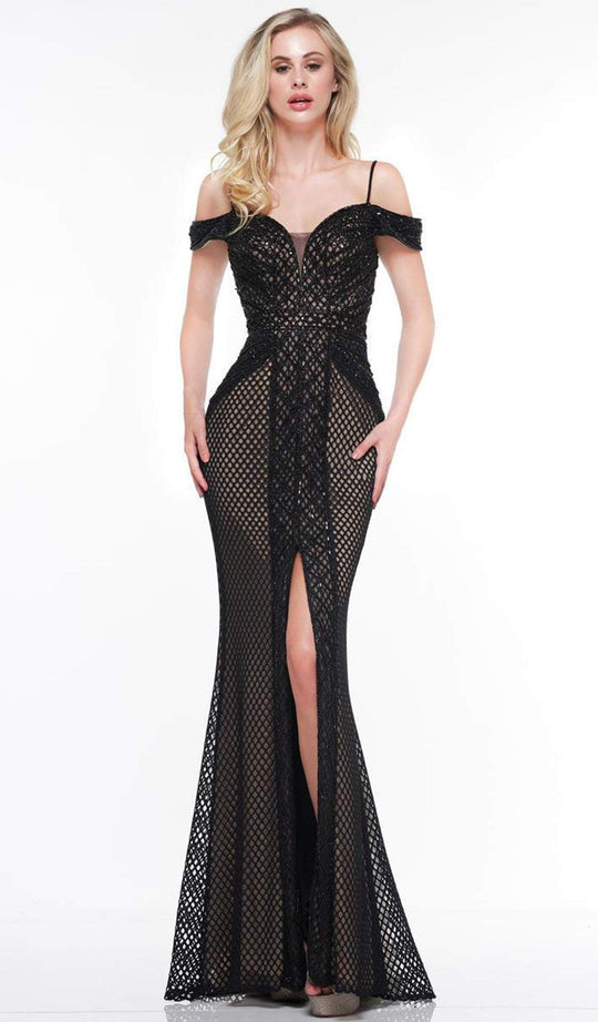 Glow by Colors - G852 Beaded Plunging Off-Shoulder Trumpet Dress In Black and Neutral
