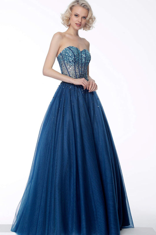 Jovani - 67027 Crystal Beaded Strapless Ballgown In Blue
