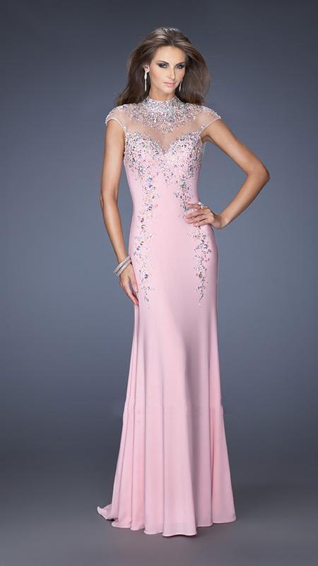 GiGi - Delicate High-Neck Illusion Sheath Gown with Cap Sleeves 19942 In Pink