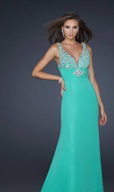 GiGi - Jewel Embellished V-Neck Chiffon A-line Gown 17665 In Green