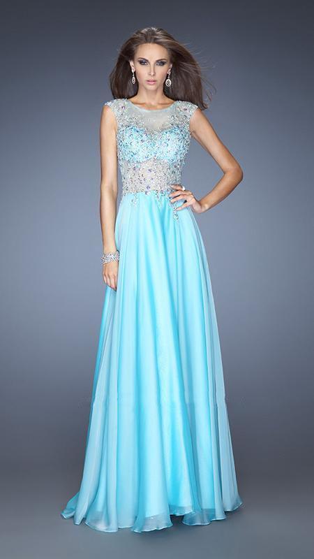 GiGi - Lavishly Embellished Illusion Bateau A-Line Gown 20074 In Blue