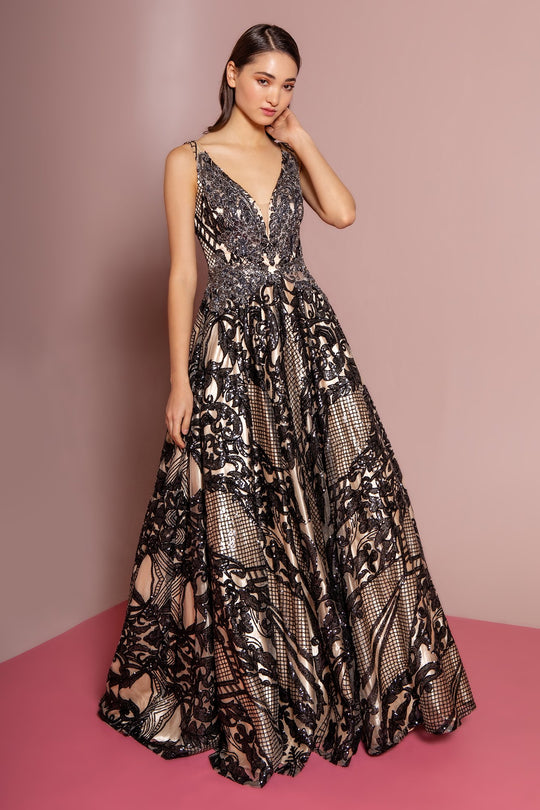 Elizabeth K - GL2538 Sequin Embellished Illusion V-Neck Long Dress In Black