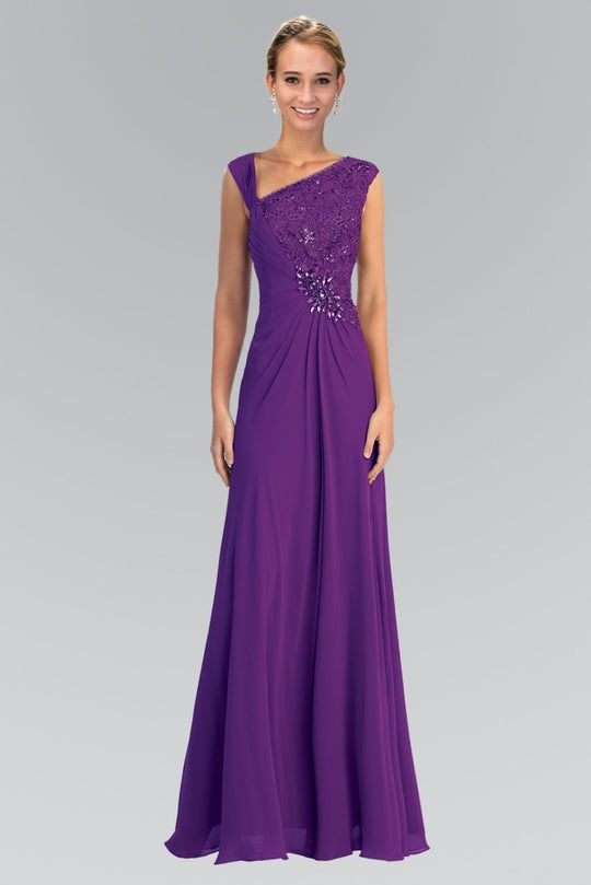 One Shoulder Ruched Applique Gown GL1003