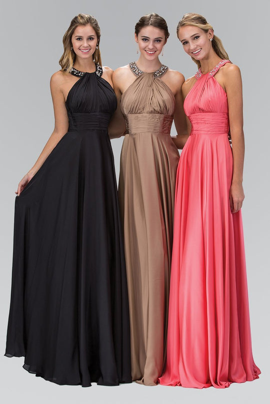 Beaded Halter Empire Charmeuse Long Dress GL1013