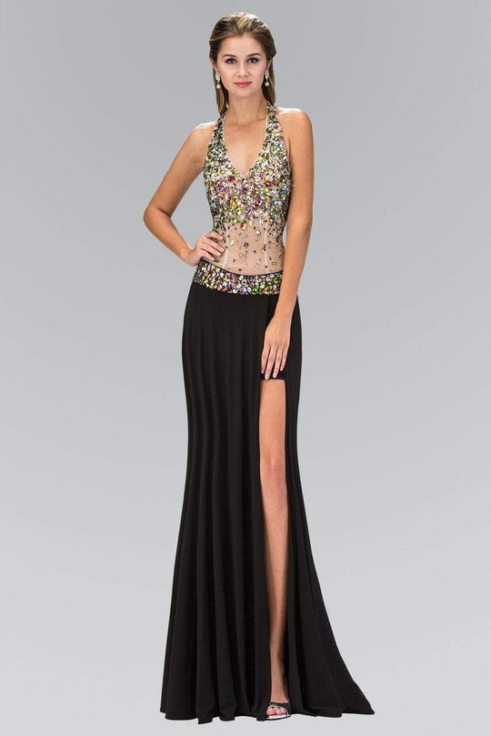 Jeweled Halter Neck Jersey Trumpet Dress GL1070