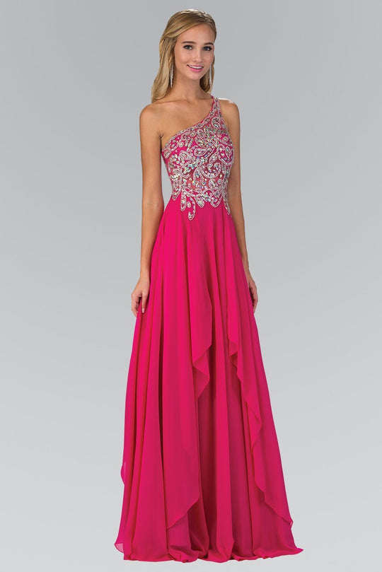 Asymmetrical Bejeweled Chiffon Gown GL1128