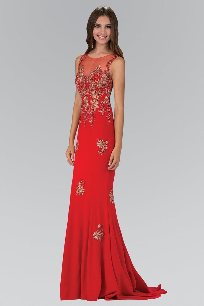 Beaded Illusion Bateau Neck Trumpet Gown GL1314