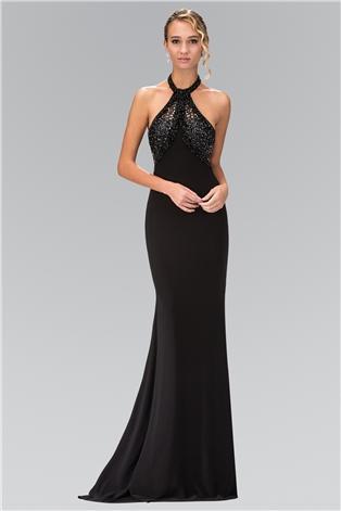 Halter Neckline Beaded Black Gown GL1330
