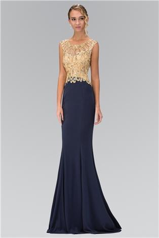 Bejeweled Lace Applique Scoop Neckline Gown GL1340