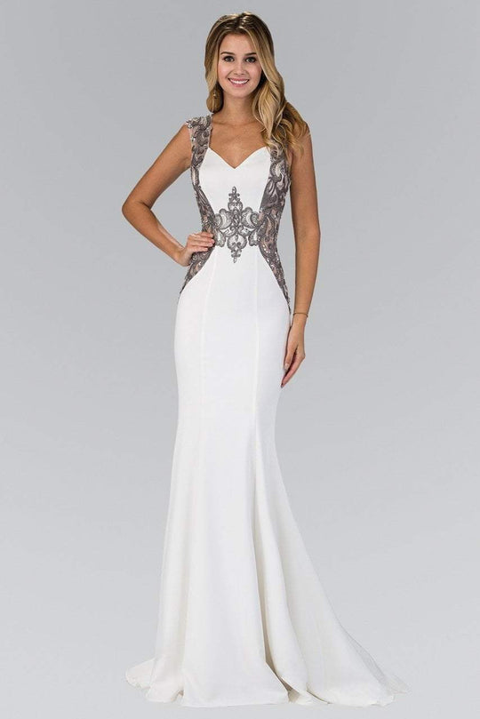 Elizabeth K - GL1347 Embellished Lace Applique Sheath Gown in White