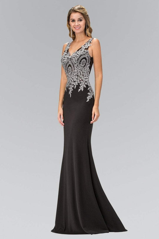 Embellished Silver Lace V-neckline Gown GL1351