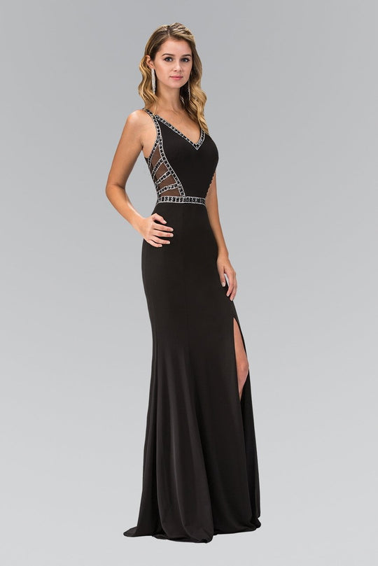 V-Neck Jersey Sheath Gown with Slit GL1359