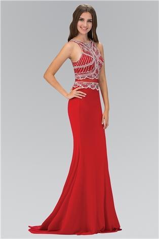 Beaded Bateau Neckline with Sheer Waist Jersey Gown GL1362