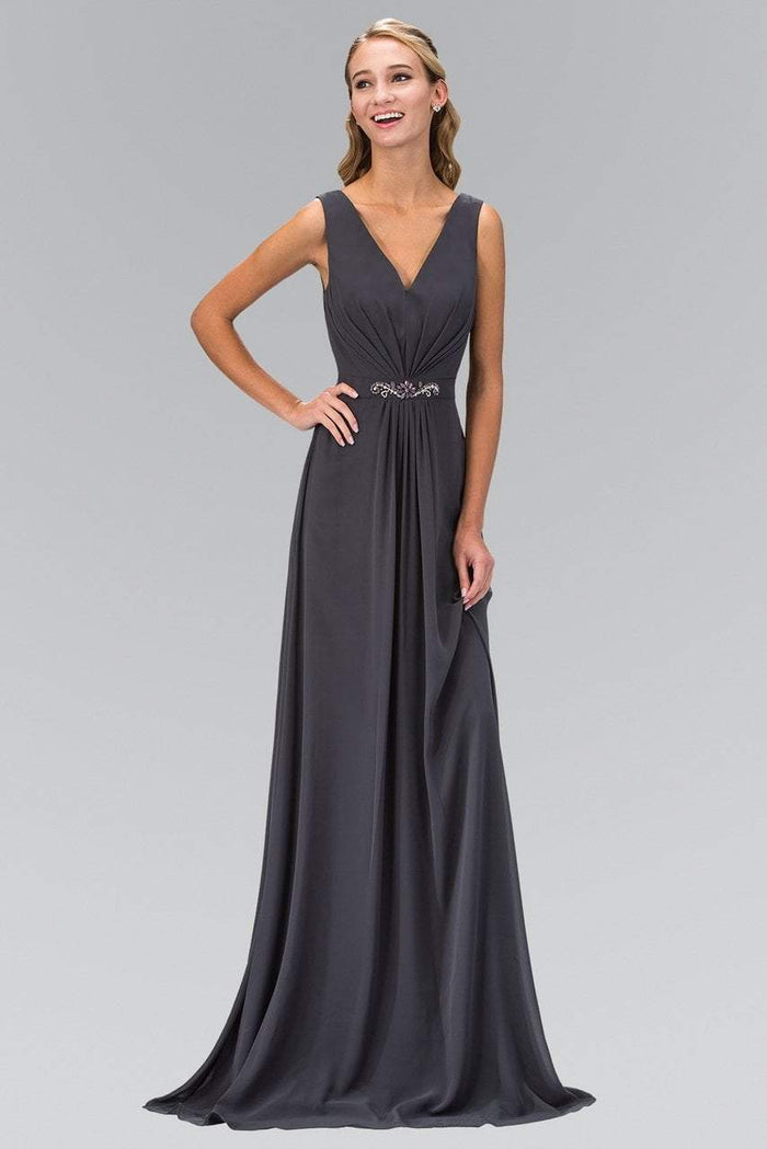 Jewel-accented Pleated V-Neck Chiffon Dress GL1389