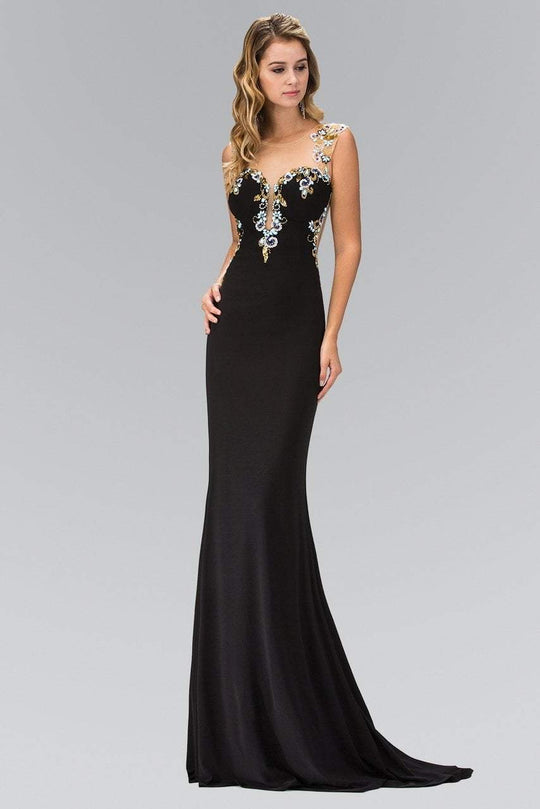 Illusion Scoop Neckline with Sheer Back Jersey Gown GL1402