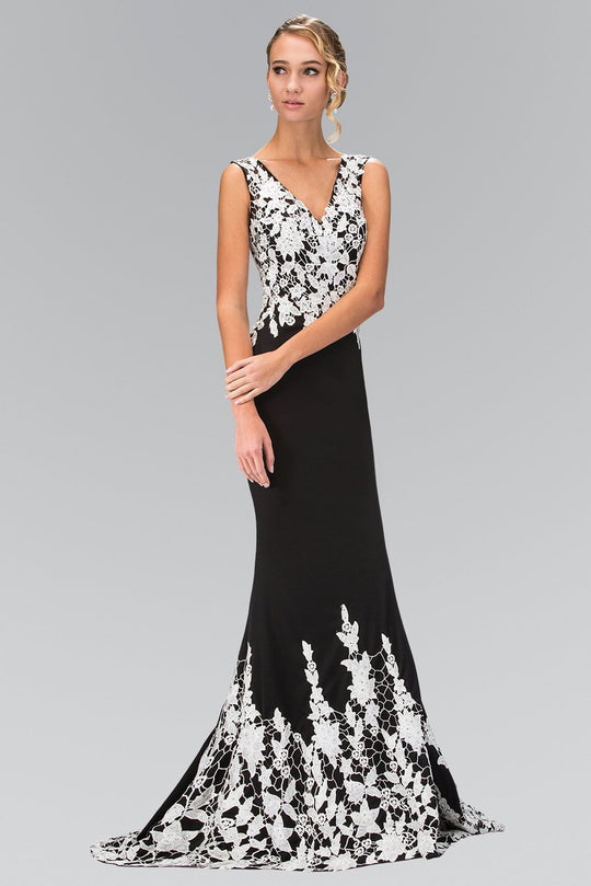 V-neckline with White Lace Embellished Gown GL1408