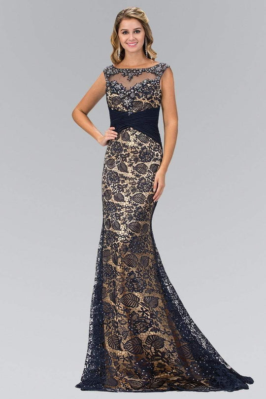 Elizabeth K - GL1415 Bejeweled Fitted Illusion Trumpet Gown  in Blue