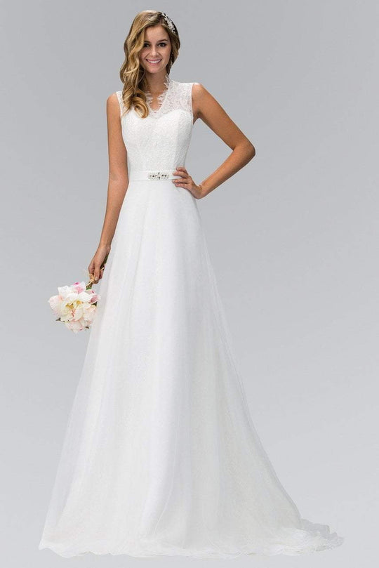GL1416 Sleeveless Fringed Lace Bodice A-Line Wedding Gown