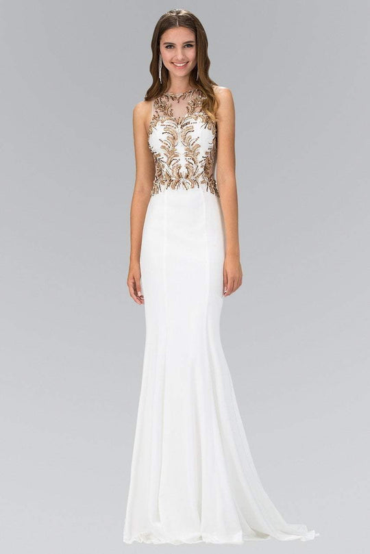 Jewel Neckline with Ornate Sheer Back Gown GL1418