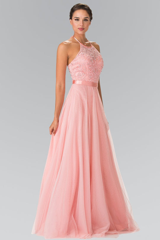 Embroidered Illusion Halter Gown GL1475