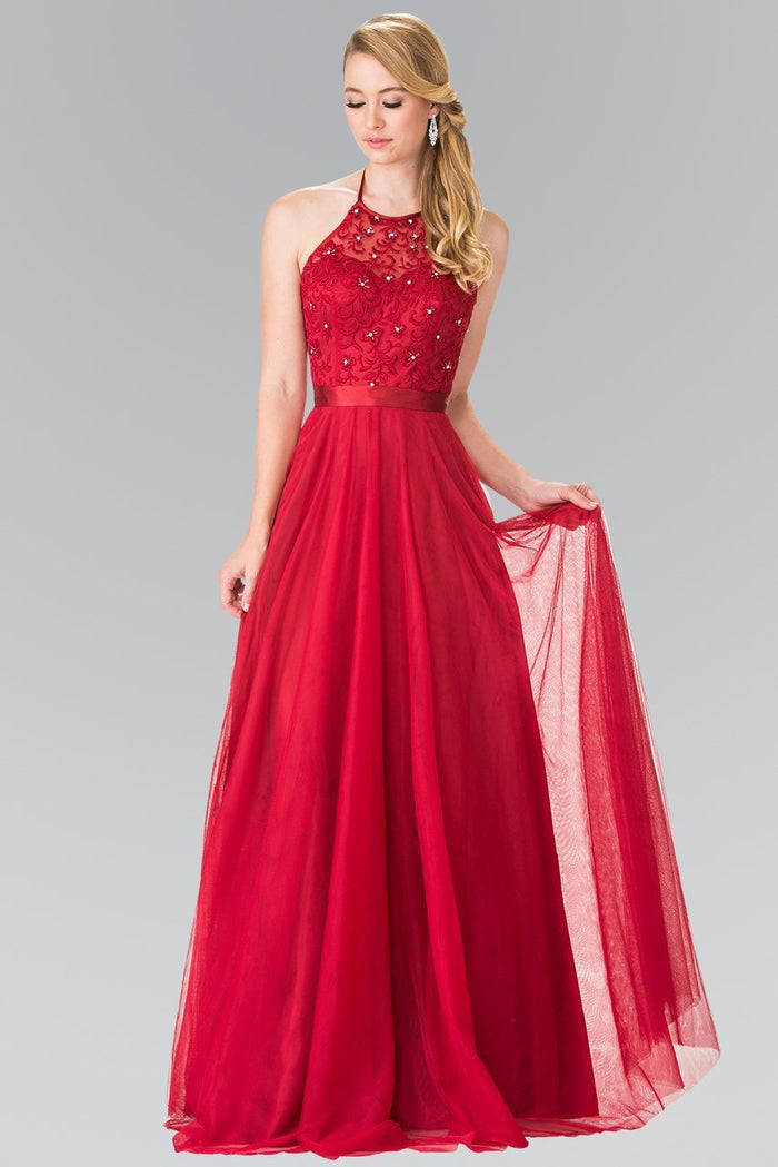 Embroidered Illusion Halter Gown GL1475