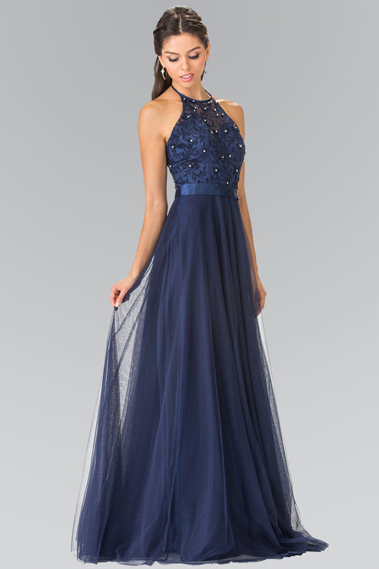 Elizabeth K Embroidered Lace Halter Long Gown - 1 pc Navy In Size M Available In Blue