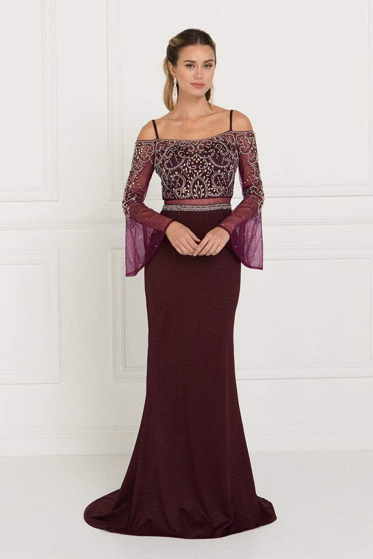 Elizabeth K Embellished Two Piece Sheer Dress with Bell Sleeves GL1500 - 1 pc Burgundy In Size S Available