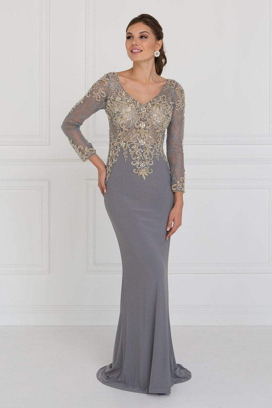 GL1502 Jewel Embellished Long Sleeves Fitted Dress