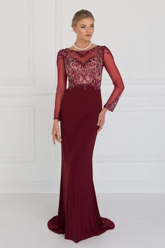 GL1506 Sheer Long Sleeves Sequined Evening Dress