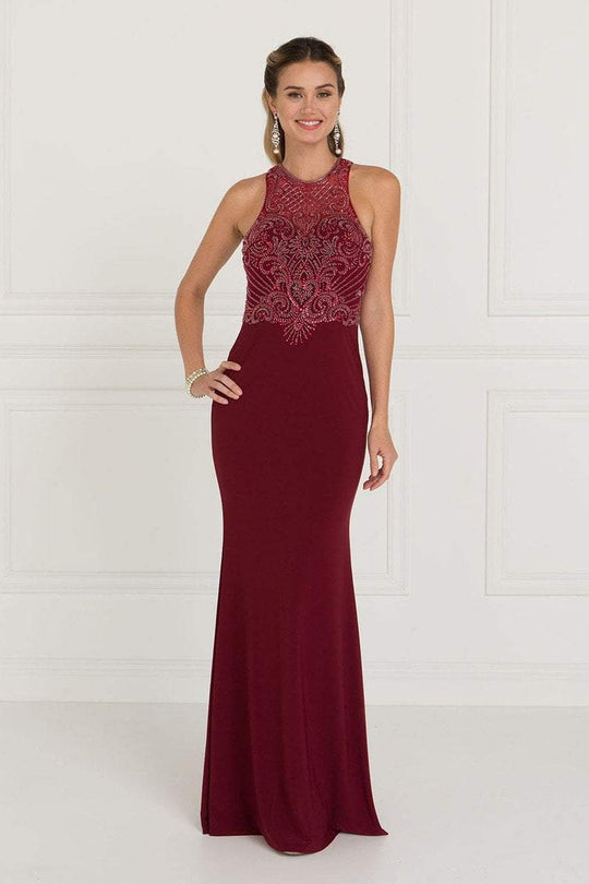 GL1507 Illusion Tonal Beaded Jersey Sheath Gown