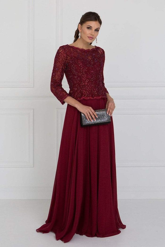 GL1509 Scalloped Quarter Sleeve Lace Bodice A-Line Gown