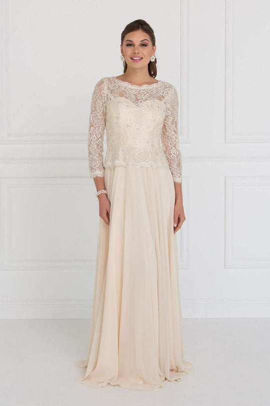 GL1509 Scalloped Quarter Sleeve Lace Bodice A-Line Gown