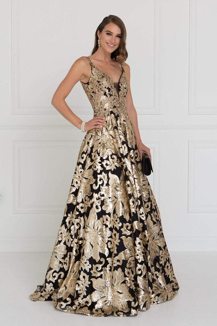 GL1511 Sequined Plunging V-Neck Evening Gown