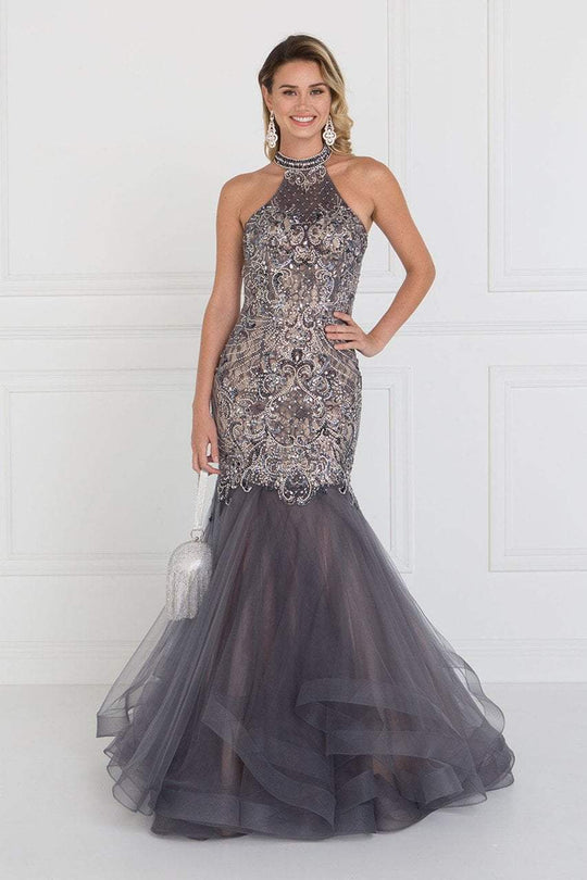 GL1512 Fitted High Halter Tulle Trumpet Gown